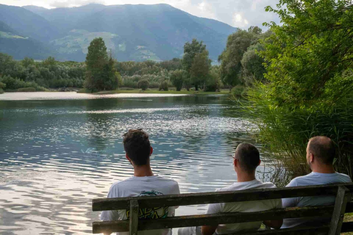 湖を眺める人たちの後ろ姿の写真